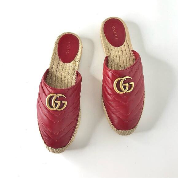Gucci Marmont GG Hibiscus Red Leather Slip On Mules Espadrille Flats 37 - Picture 3 of 11